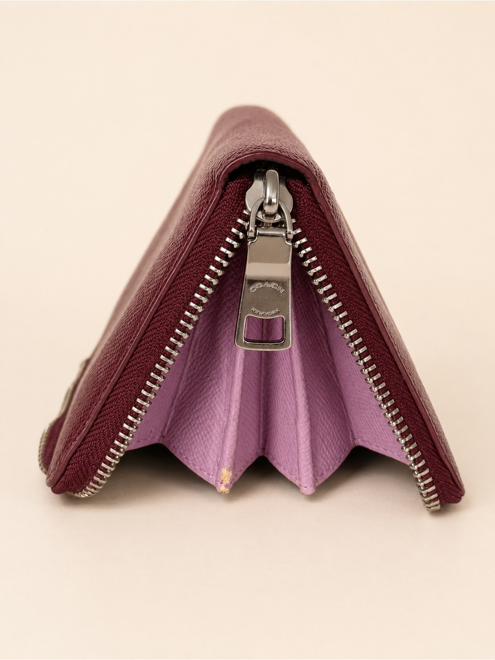 Coach Accordion Zip Wallet Colorblock Crossgrain Leather Burgundy Pink - Picture 3 of 6